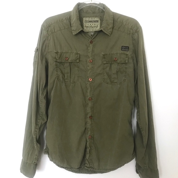 Tankfarm Khaki Long Sleeve Button Down Shirt - Picture 1 of 8